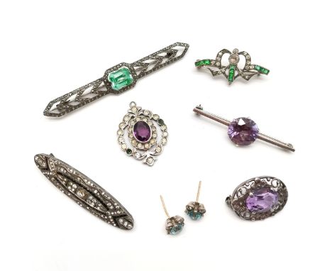 Qty of antique silver jewellery (mostly marked) inc Art Deco blue stone set bar brooch (7.5cm), alexandrite brooch etc - tota