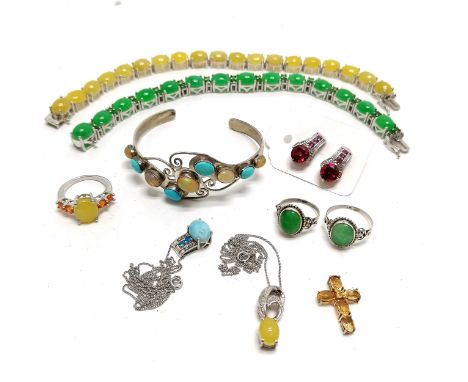 Qty of silver stone set jewellery inc bracelets, rings, earrings, cross, bangle set with opal / turquoise etc total weight 88