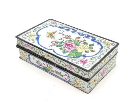 Oriental vintage enamel hinge lidded box with butterfly detail to top - 16cm x 9.5cm x 5cm high ~ no obvious damage