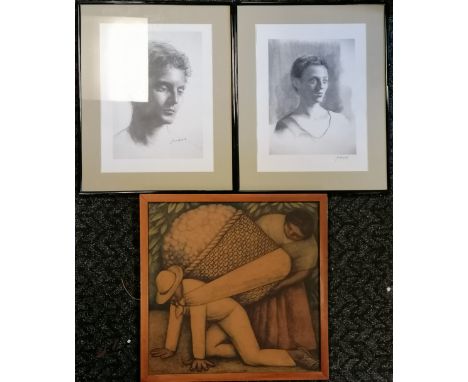 Pair of framed portraits t/w vintage print by Diego Rivera (frame 49.5cm square)