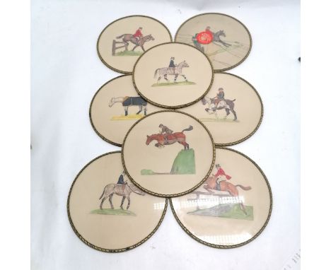 Vintage set of 8 x place mats with hand painted cut outs of hunting / equine interest - 20cm diameter ~ 1 has broken glass bu