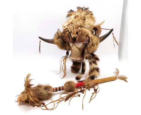 Native North American Indian shaman head-dress &amp; stick rattle (68cm) with native beadwork decoration