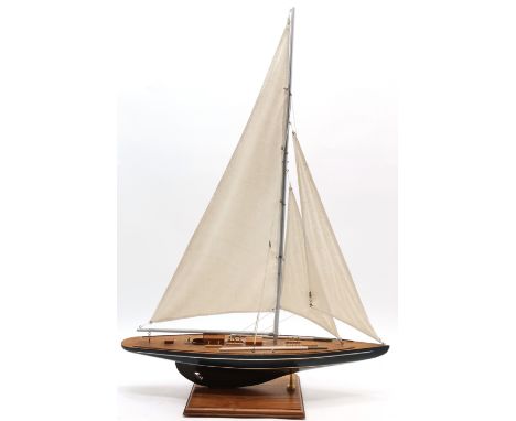 Wooden model of a 3 sail boat / yacht on wooden base - 86cm high x 60cm long 