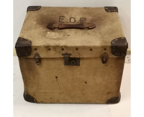 Vintage canvas trunk, with initials E C P, with leather corners &amp; metal label 'Made on British "Buxibre" boards' - 52 cm 