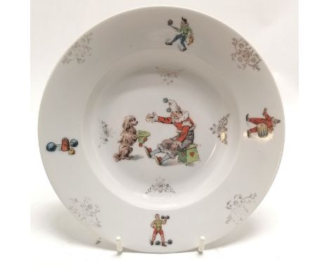 Antique childrens plate depicting circus scenes inc strongman - 21cm diameter and has losses to gilding &amp; has star crack 