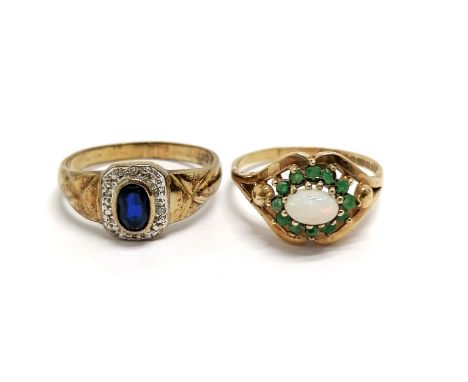 2 x 9ct marked gold rings - emerald / opal &amp; blue stone / diamond ~ total weight 5.5g 