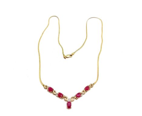 9ct marked gold ruby / diamond necklet (44cm long &amp; 4.5g total weight) in original retail box 