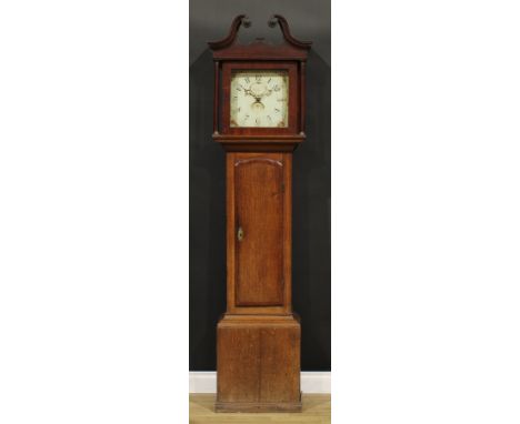 A George III oak longcase clock, 30.5cm square dial inscribed Wainwright Nottingham, 30 hour movement striking on a bell, the