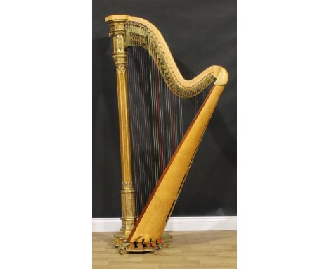 A 19th century giltwood, gesso and bird’s eye maple pedal harp, Sebastian &amp; Pierre Eraro’s Patent No. 6446, 18 Gt Marlbor