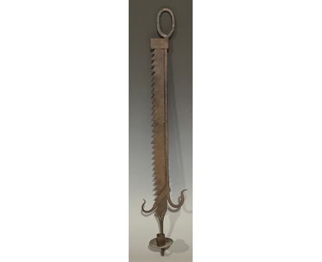 A 19th century iron wall hanging candlestick, adjustable on a ratchet, 65cm long 