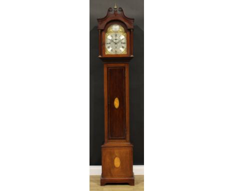 An Edwardian mahogany and marquetry longcase clock, 26cm arched brass dial inscribed Mason &amp; Son Middlesbrough, Roman and