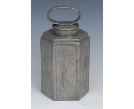 An 18th century Dutch pewter hexagonal tea caddy, wriggle-work engraved with gamekeeper and dairy hands, inscribed date 1770 