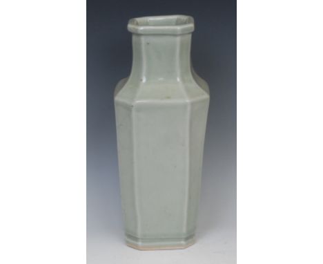 A Chinese celadon canted square vase, 30.5cm high, seal mark, probably early 20th century 