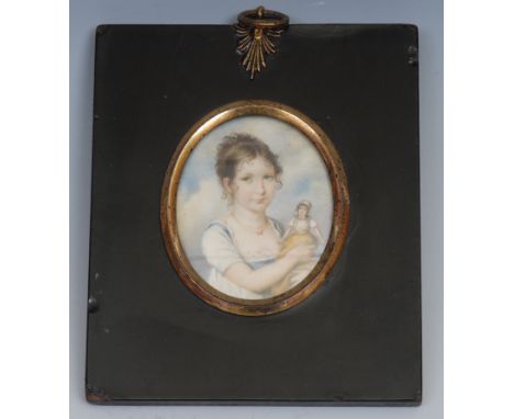 English School, 19th century, a portrait miniature, of a young girl with a doll, watercolour on ivory, oval, 5.5cm x 4.5cm, e