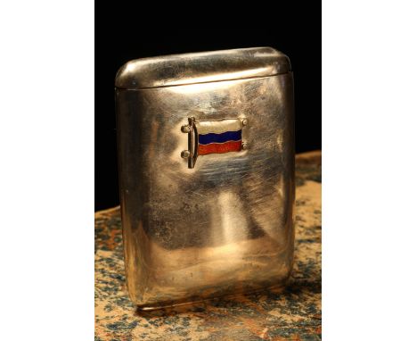 A George V silver and enamel rounded rectangular cigarette case, of Russian interest, sprung hinged cover and fall front, app