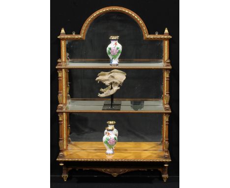 A late Victorian Sheraton Revival parcel gilt satinwood connoisseur's wall hanging open display vitrine, arched cresting abov