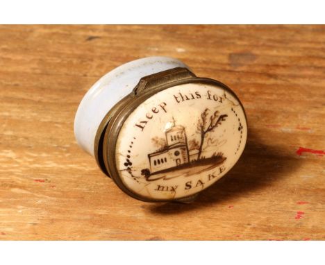 A George III South Staffordshire enamel oval patch box, hinged cover inscribed Keep this for my Sake, pale blue base, 4.5cm w