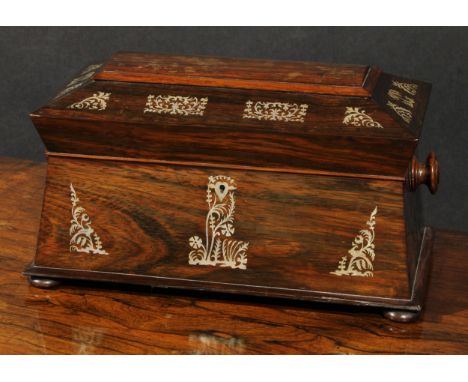 A William IV rosewood and mother-of-pearl marquetry sarcophagus tea caddy, hinged cover enclosing a pair of removable hinge-c