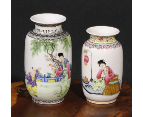 A Chinese Republican ovoid vase, painted in polychrome with lady and boy in courtyard scene, script to verso, red seal mark, 