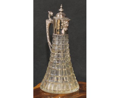 An Elizabeth II silver mounted hobnail trumpet shaped claret jug, hinged domed cover with knop finial, mask to spout, angular