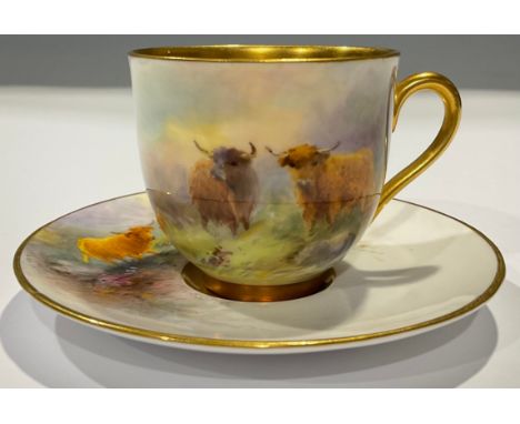 A Royal Worcester coffee cup and saucer, signed Stinton, painted with Highland Cattle, gilt interior, the saucer 10cm diamete
