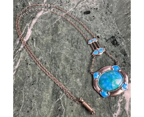 Charles Horner - an Art Nouveau silver and enamel pendant, decorated in mottled tones of green and blue, 5cm long, Chester, 1