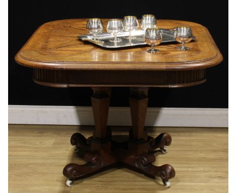 A 19th century oak and parquetry centre table, rounded rectangular tilting top inlaid with a starburst outlined with ebony st