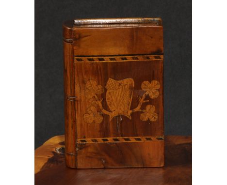 An Irish Killarney marquetry book shaped box, inlaid with a view of Muckross Abbery, to verso with harp and shamrocks, slidin