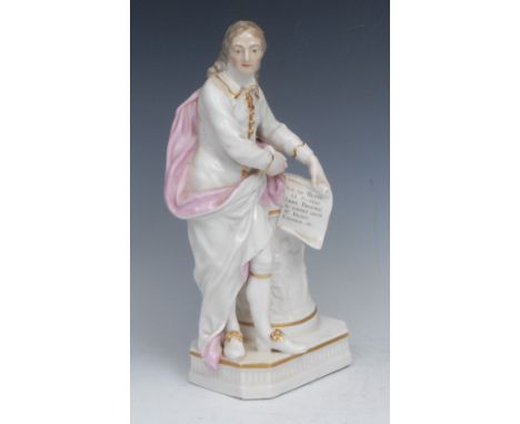 A Derby patch mark figure, of John Milton, he stands scroll in hand, wearing a puce cloak, beside a column laden with books, 