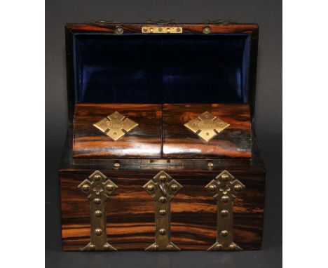 A Victorian brass mounted coromandel tea caddy, hinged lancet-domed cover enclosing a pair of spring-action covered compartme