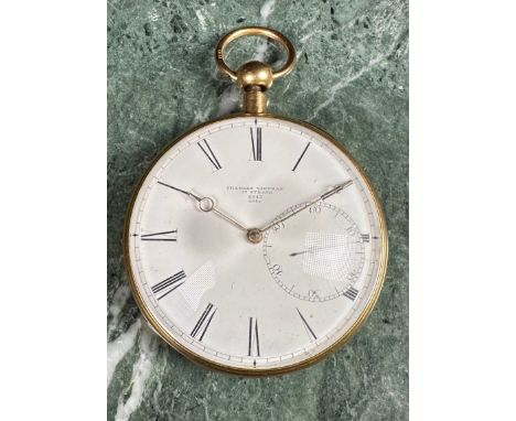 A George IV 18ct gold repeater pocket watch, 5cm enamel dial inscribed Charles Vaughan, 39 Strand, 2643, Roman numerals, subs