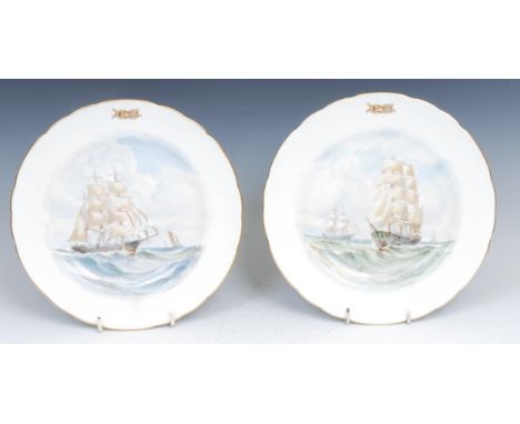 A pair of Royal Crown Derby shaped circular plates, painted by WEJ Dean, signed, Tall Ships on Choppy Seas, 23cm diameter, c.