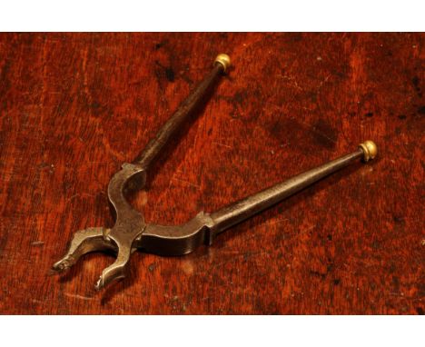 Nutcrackers - a late 17th/early 18th century French forged steel pincer-form lever-action nut cracker, brass terminals, 13cm 