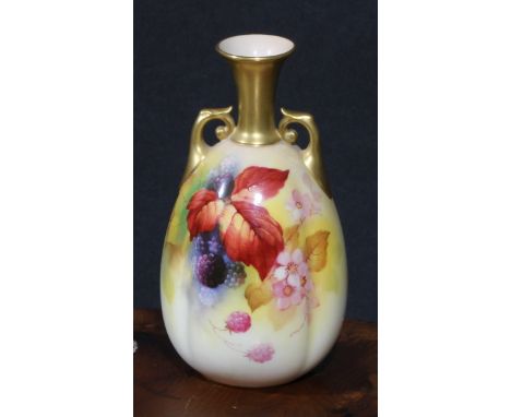 A Royal Worcester fluted ovoid vase, painted by Kitty Blake, signed, with blackberries and blossom, 16.5cm high, puce mark 