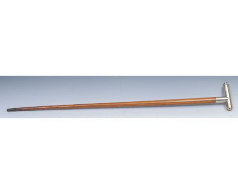 An early 20th century system cane siren walking stick, the nickel plated L-shaped handle  enclosing a whistle, 90cm long 