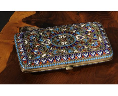 A Russian silver and cloisonne enamel rounded rectangular cigarette case, hinged cover, 10cm long, c.1900, 130g gross 