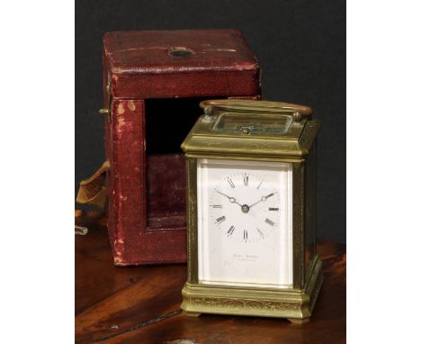 A 19th century brass repeater carriage clock, 7cm rectangular enamel dial inscribed Henry Bright, Leamington, Roman numerals,