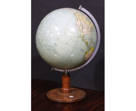 A mid-20th century 13" terrestrial globe, the turned base set with a compass, 52cm high 