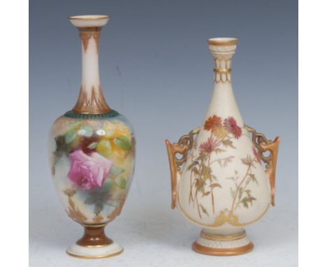 A Royal Worcester Hadley's style ovoid bottle vase, painted with roses, 18.5cm high, printed crown and circle mark in green, 