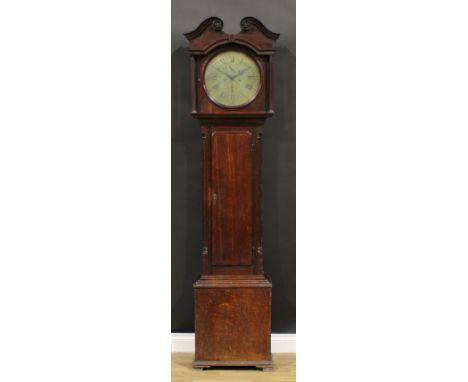 A George III Derbyshire oak longcase clock, 33.5cm circular brass dial inscribed B Smith, Alfreton, Roman and subsidiary Arab