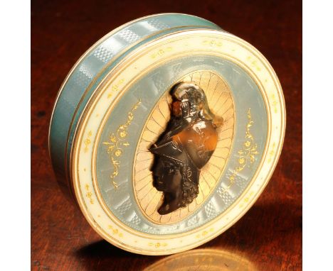 An early 20th century Continental silver and guilloche enamel circular table snuff box, push-fitting cover centred by a hards