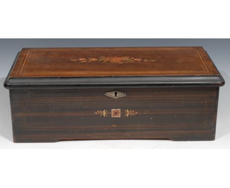 A 19th century Swiss rosewood and marquetry rounded rectangular music box, 16cm cylinder playing eight airs on a one-piece co