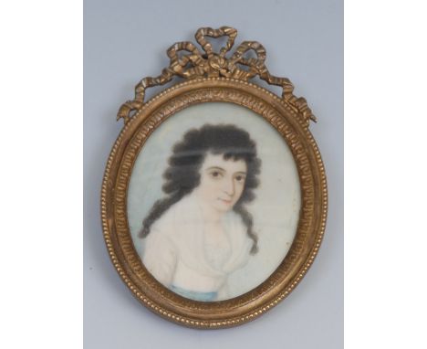 English School, 19th century, a portrait miniature, of a lady, head and shoulders, long black curly hair, watercolour on ivor