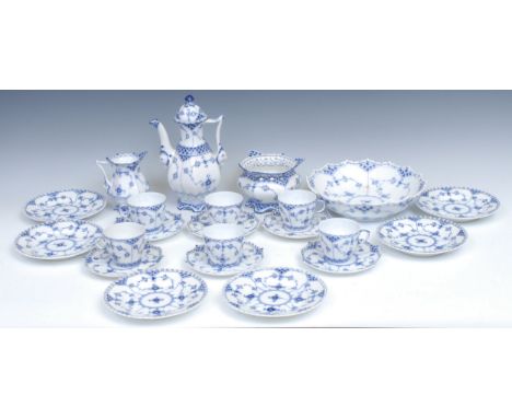 A Royal Copenhagen Blue Fluted Half Lace pattern coffee set for six comprising, coffee pot, cream jug, sugar bowl, six coffee