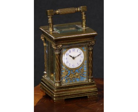 A late 19th century gilt brass miniature carriage timepiece, 2.5cm enamel clock dial inscribed with Arabic numerals, pierced 