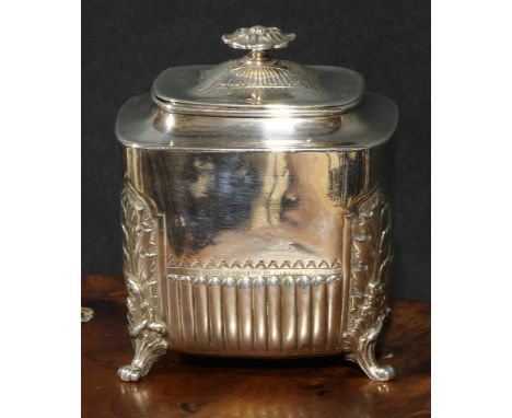 A Victorian silver half-fluted rounded rectangular tea caddy, acanthus to angles, scroll feet, 14cm high, John Newton Mappin,