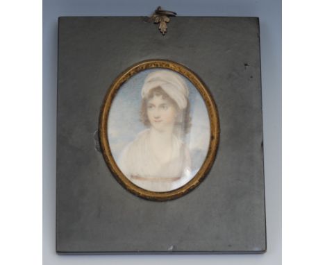 English School, early 19th century, a portrait miniature, of a lady, Mrs Ballard, wife of Admiral Ballard, Faversham, waterco