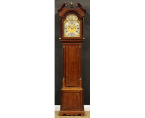 An Edwardian George III Revival mahogany musical longcase clock, 34cm arched brass dial inscribed Goldsmiths Company, 112 Reg