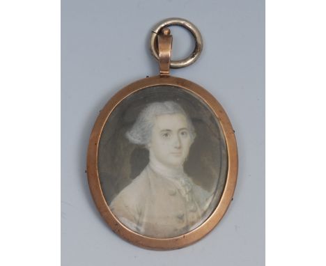 English School, 19th century, a portrait miniature, of a gentleman, head and shoulders, wearing a salmon jacket and white sto