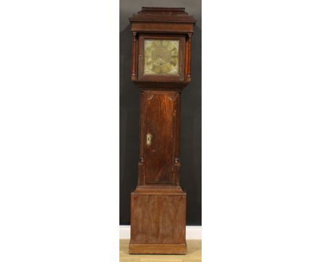 An 18th century oak longcase clock, 29cm brass dial inscribed R Clayton, Marple [Greater Manchester], Roman numerals, single 